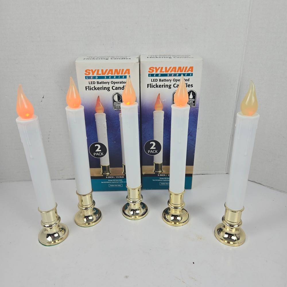 Sylvania 5 Pack LED Battery Operated Flickering Window Candles w Timer Video NEW